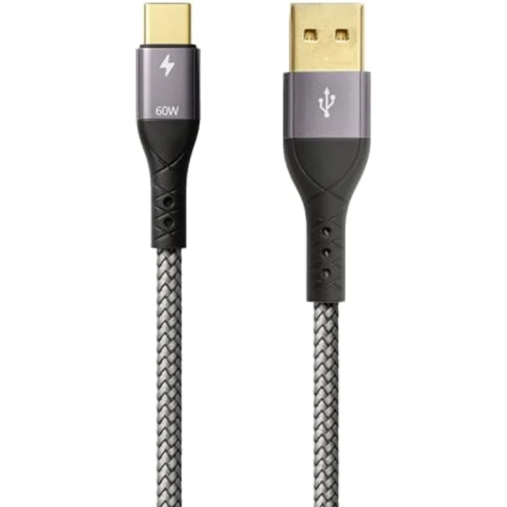 PROFIPATCH ProfiPatch USB A auf USB C Kabel, 60W Schnellladekabel mit QC 3A, 2m, grau, Goldkontakt, für Notebooks und Handys