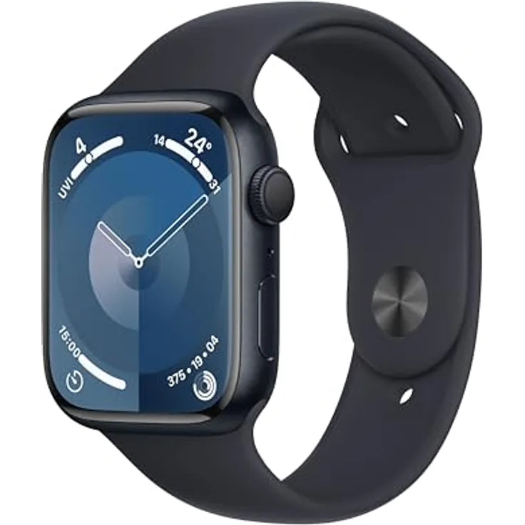 Apple Watch Series 9 GPS, 45 mm Aluminiumgehäuse Mitternacht, Sportarmband Mitternacht – M/L