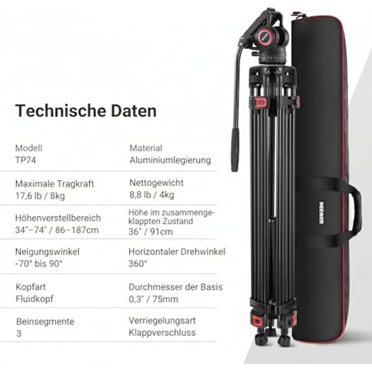 Neewer TP74 Videostativ mit Fluidkopf, QR Platte, höhenverstellbar 86-187 cm, für DSLR Kameras, Tragfähigkeit 8 kg – Bild 8