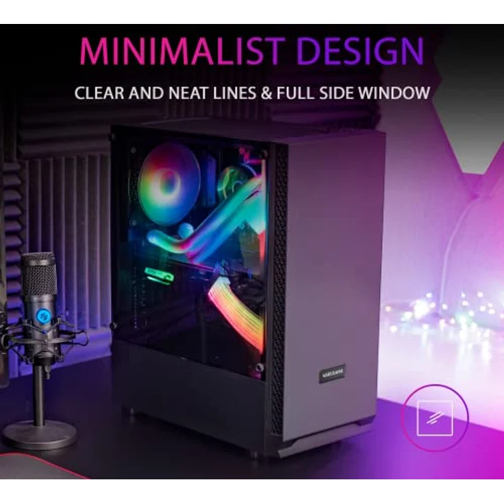 Mars Gaming MCN2, ATX Gaming PC Gehäuse, Volles Seitenfenster, Frontgitter, Doppelkammer Design, 12cm Lüfter Hinten, Schwarz – Bild 2