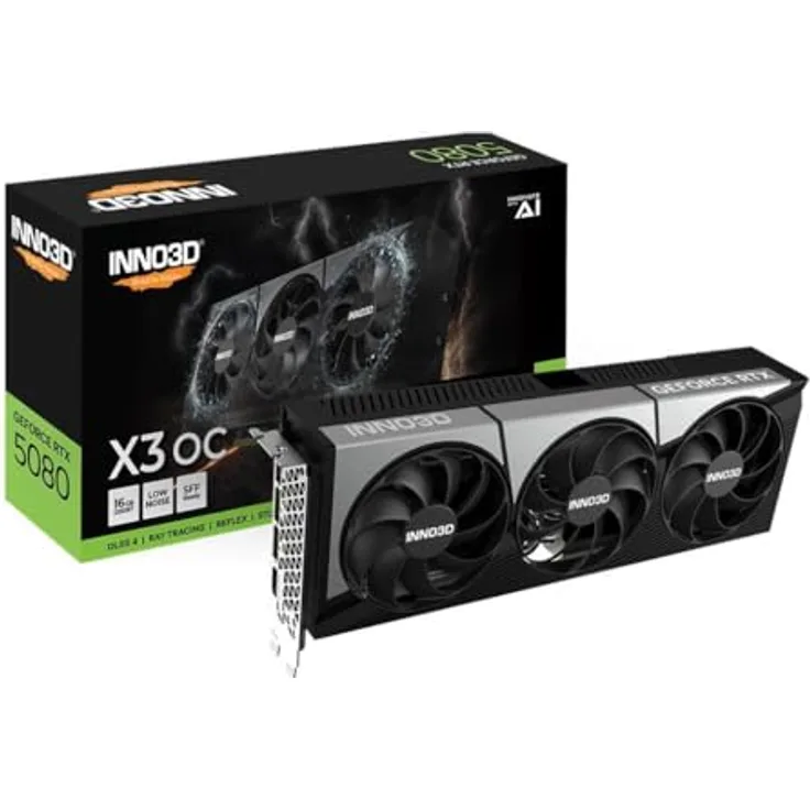 INNO3D GeForce RTX 5080 X3 OC, 16384 MB GDDR7 Grafikkarte mit Triple-Fan-Kühlerdesign