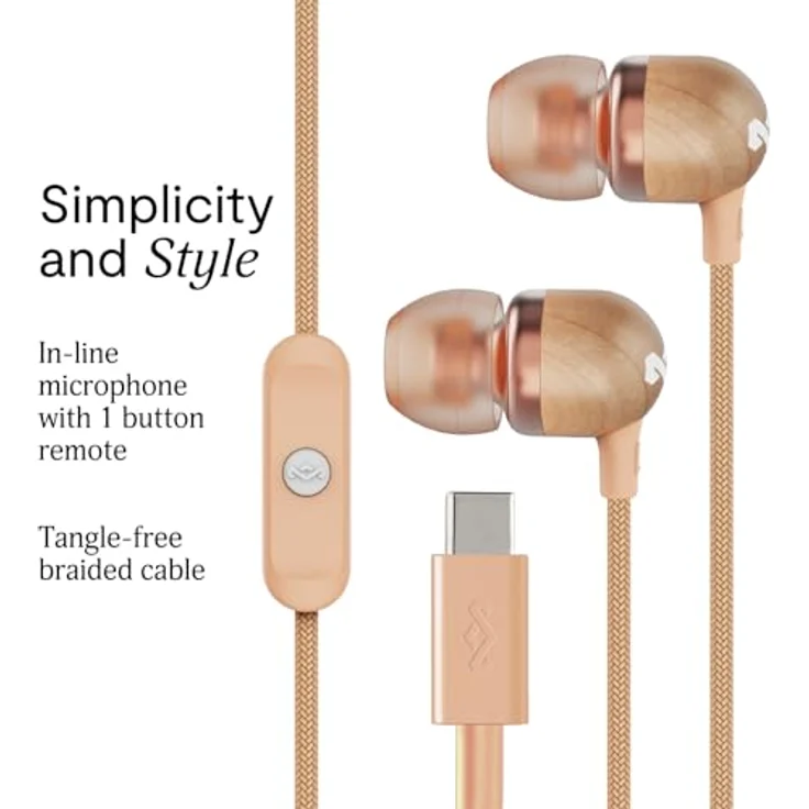 Marley House of Smile Jamaica USB-C Kopfhörer, kabelgebunden mit 9,2-mm-Treiber, verwicklungsfrei, integriertes Mikrofon, nachhaltige In-Ear-Kopfhörer, Copper – Bild 2