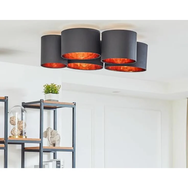 Lindby Stoff Deckenlampe Laurenz schwarz-gold, 5 Schirme Ø 20 25 28 30 32 cm 5x E27 max. 60W Textil Deckenleuchte ohne Leuchtmittel – Bild 3