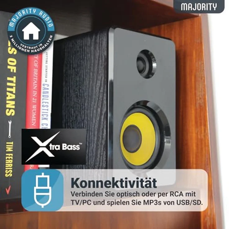 MAJORITY D40X Aktiv Regallautsprecher | 70W 2.0 Gelber Kevlar-Kegel Monitor Lautsprecher | Studio Monitor mit Bluetooth | Bookshelf HiFi Speakers mit Optische, RCA, USB AUX & Inklusive Fernbedienung – Bild 5