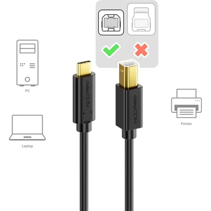 deleyCON 2m USB 2.0 Kabel - Stecker Typ C auf USB B - Datenkabel Druckerkabel Kompatibel mit Apple Huawei Samsung Dell Lenovo iMac PC Laptop Computer Drucker Externe Festplatte Scanner - Schwarz – Bild 5