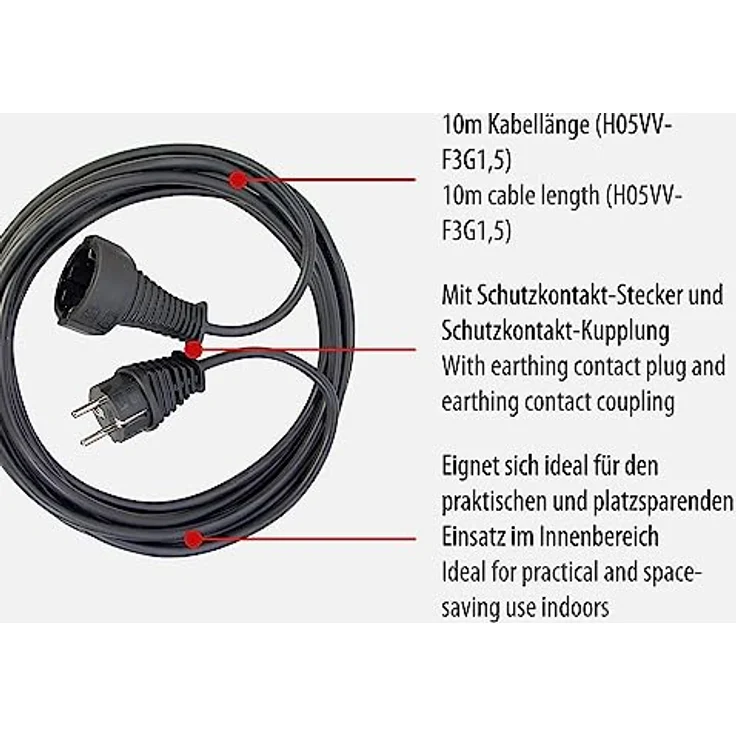 Brennenstuhl Qualitäts- Kunststoff-Verlängerungskabel mit Schutzkontakt-Stecker und -Kupplung (Verlängerungskabel für innen mit 10m Kabel) schwarz – Bild 2