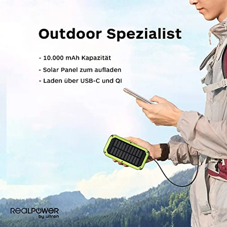 RealPower PB-10000 Wireless Solar Powerbank, 10000mAh Solarladegerät externer Akku mit QI, USB C EIN- Ausgang für Smartphone Tablets und mehr – Bild 5