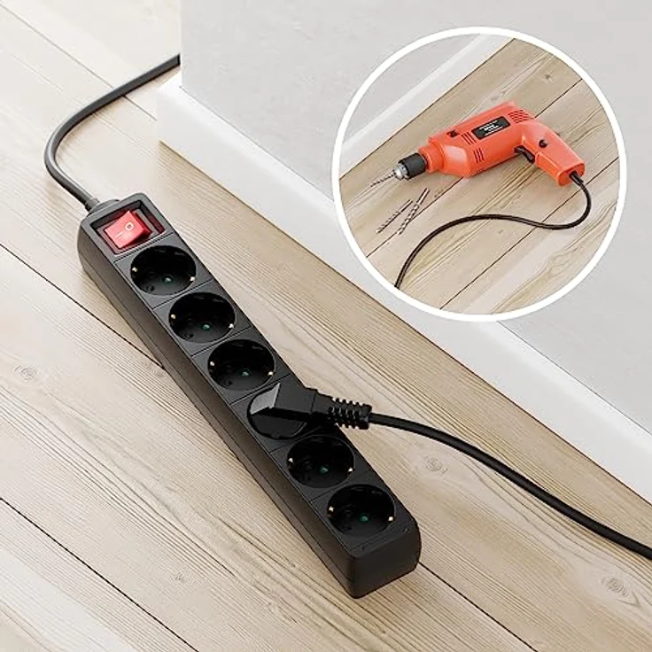 deleyCON deleyCON 6 Fach Steckdosenleiste mit Flachstecker & EIN/AUS Schalter, Schwarz – Bild 3