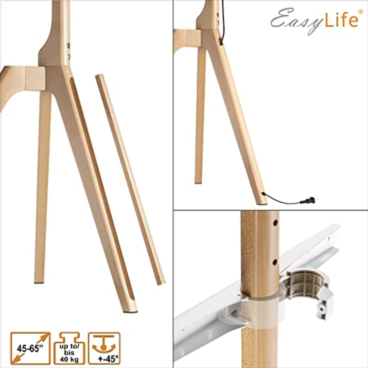 EasyLife TV Stativ Holz Staffelei Tripod, schwenkbarer Studio TV Stand bis 65'' Zoll & 40 kg, höhenverstellbar, Kabelmanagement, VESA bis 400x400 (Schwarz/Buche) – Bild 5