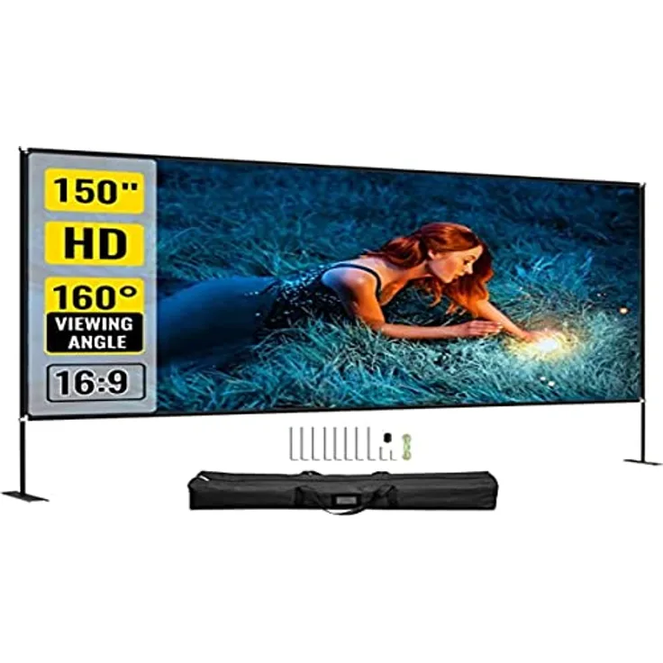 VEVOR Projektion Leinwand mit Stand 381 cm (150") Tragbare Filmleinwand 16:9 Outdoor Indoor Projector Screen 347x201,9cm Mobile Beamer Leinwand 160° Betrachtungswinkel Geeignet für Heimkino Camping