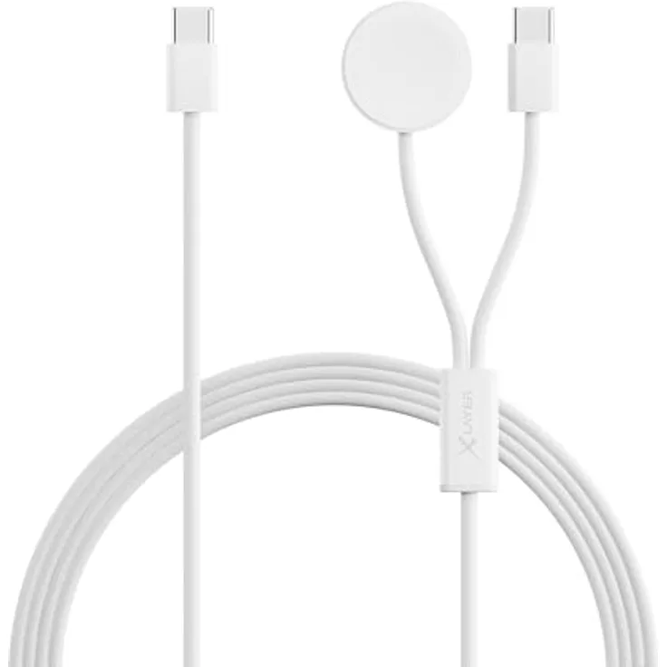 Xlayer 2-in-1 feingewebtes Kabel mit USB Typ C & Apple Watch Charger 1.5m, Ladekabel für Apple, Android sowie Smartphone und Tablet, White