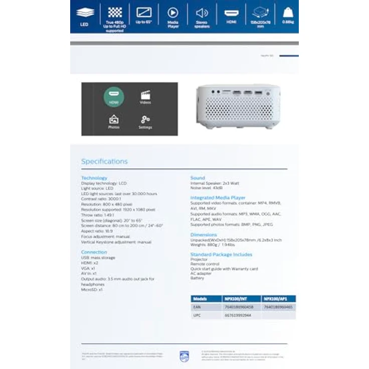 Philips NeoPix 100, Videoprojektor mit WVGA, 80 lm, HDMI und USB Anschluss, Weiss – Bild 10