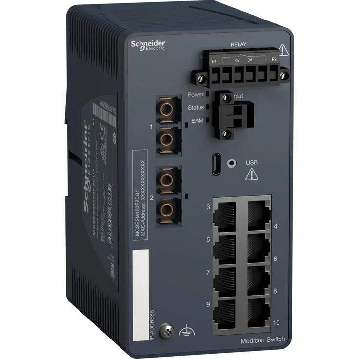 Schneider Electric MCSESM103F2CU1, 8-Port Managed Netzwerk Switch mit 2 Glasfaseranschlüssen, DIN-Schienenmontage, 8 W Leistung