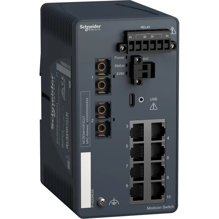 Schneider Electric MCSESM103F2CU1, 8-Port Managed Netzwerk Switch mit 2 Glasfaseranschlüssen, DIN-Schienenmontage, 8 W Leistung