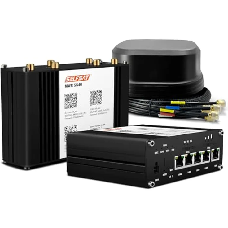 SELFSAT MWR 5540 5G Cat 12 WLAN Router bis 2,6 Gbps, inkl. SATCO 5G Antenne, schwarz, für Wohnmobile und Wohnwagen, wasserdicht und mobil einsetzbar