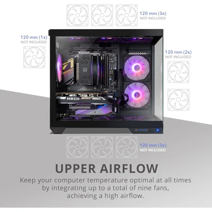 NOX XTREME PRODUCTS Hummer Astra NEO Black - Semitower ATX | M-ATX | ITX, Panoramaglas ohne Rahmen, Platz für 9 Lüfter, Grafikkarten bis zu 400mm, USB-C und USB 3.0 - Schwarz – Bild 4