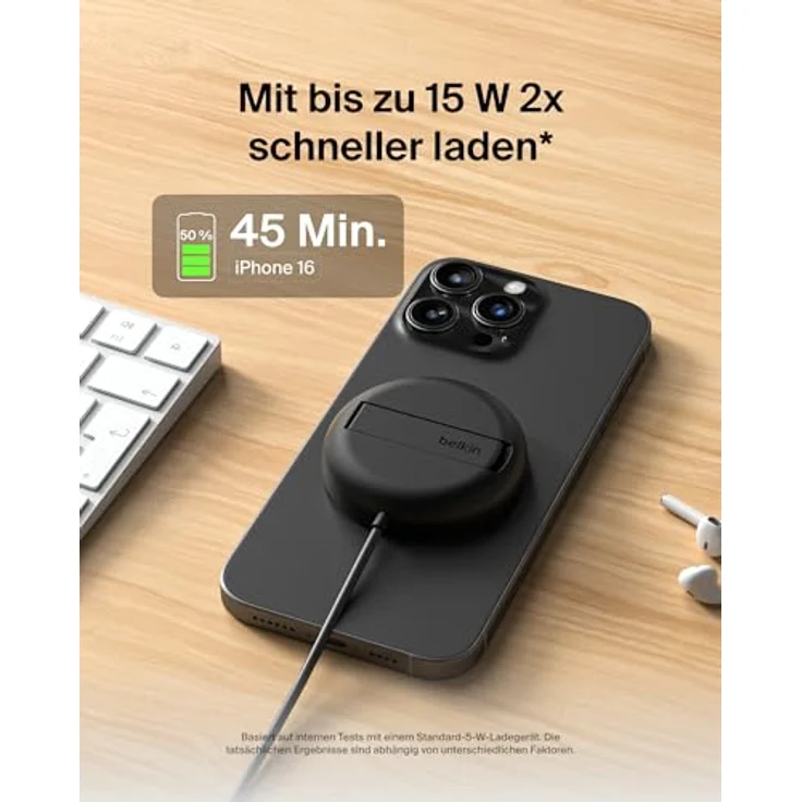 Belkin BoostCharge Pro Magnetisches Kabelloses Ladegerät (15W) mit Ständer und 2m USB-C-Kabel – MagSafe-kompatible Qi2 Ladestation für iPhone 16 Serie und Samsung Galaxy S25 – Schwarz – Bild 3