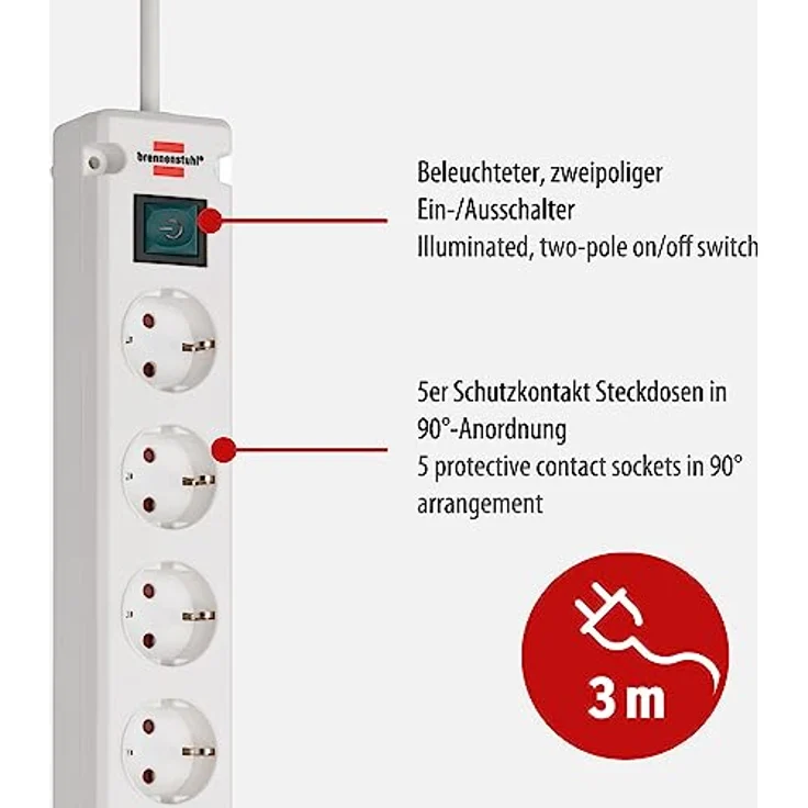 Brennenstuhl Bremounta Steckdosenleiste 5-fach mit USB-Ladefunktion (Mehrfachsteckdose mit 90 Grad Steckdosen, Steckerleiste mit Befestigungsmöglichkeit und 3m Kabel) weiß – Bild 2