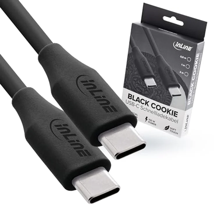 InLine Colour your Charge USB C Kabel 100W, PD Schnellladekabel, Silikon, flexibel, 0,5m, Black Cookie (schwarz) – Bild 1