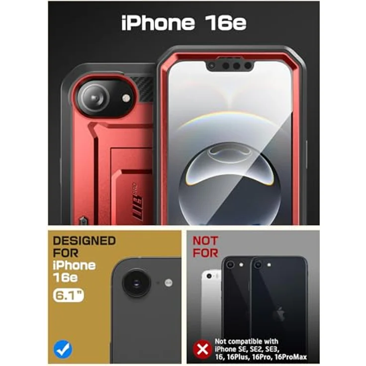 SupCase Unicorn Beetle Pro iPhone 16e Hülle 6.1” Outdoor Handyhülle 360 Grad Case Bumper Schutzhülle Cover mit Displayschutz, Ständer und Gürtelclip für iPhone 16e 2025 (Rot) – Bild 2