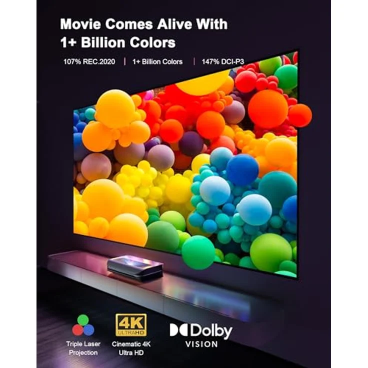 AWOL VISION LTV-2500 Projektor 4K 3D RGB Beamer, UHD Ultrakurzdistanz Beamer, 150'' Bild Laser TV, Dolby Vision, Dolby Atmos, 3 reiner RGB-Dreifachlaser – Bild 4