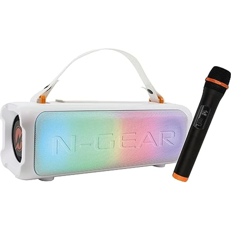 N-Gear Blazooka 703 Weiß - Tragbarer, kabelloser Bluetooth Lautsprecher mit Mikrofon, Disco Licht, 100 Watt und 5 Stunden Spielzeit – Bild 1