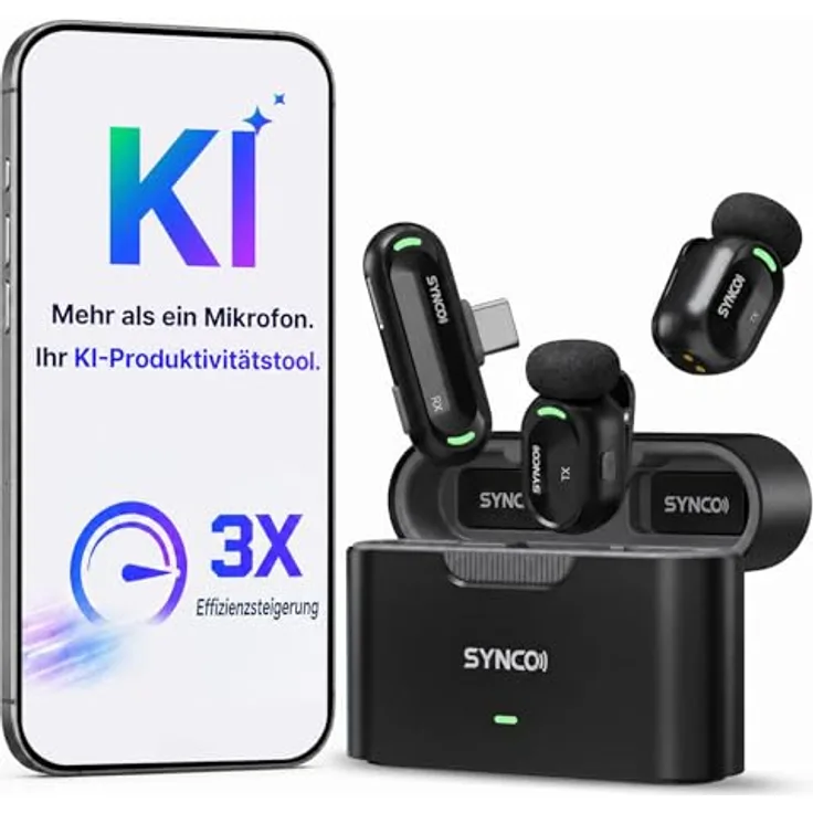 SYNCO SMICT KI Funkmikrofon für Android, Kabelloses Lavalier Mikrofon mit Echtzeit Übersetzung, AI App, Geräuschunterdrückung, USB-C, 2 Sender für Vlog und Streaming