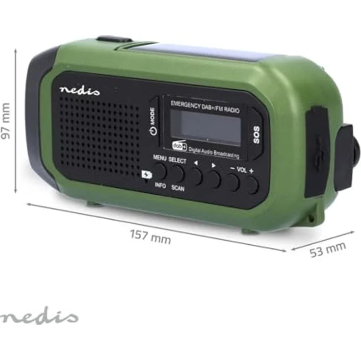 Nedis Tragbares Notfallradio DAB+/FM, batteriebetrieben, Handkurbel, solarbetrieben, USB-Stromversorgung, Wecker, grün/schwarz – Bild 3