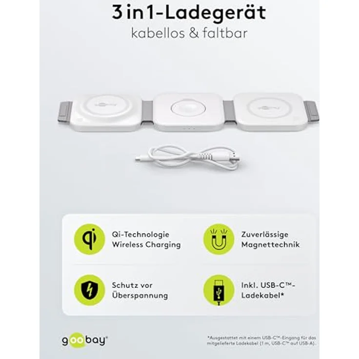 goobay 65312 MagSafe Ladestation/Kabelloses 3in1-Ladegerät/Faltbar,USB-C Wireless Charger für iPhone, AirPods und Aple Watch / 15W Travel Charging Station – Bild 2