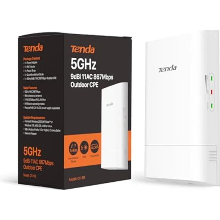 Tenda WLAN Bridge Outdoor WLAN Access Point O1-5G, 867 Mbit/s, 5GHz, 9dBi Richtantenne, Passive PoE, zentrales Management, IP65 Wasserdicht