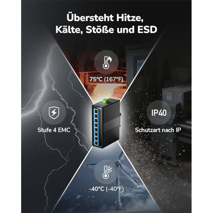 Cudy IG1008P, 8 Port Gigabit PoE-Industrienetzwerk-Switch, 802.3 at/af PoE, DIN-Schienen-Switch IP40 mit Kurzschlussschutz und Schutz vor verkehrter Polung – Bild 3