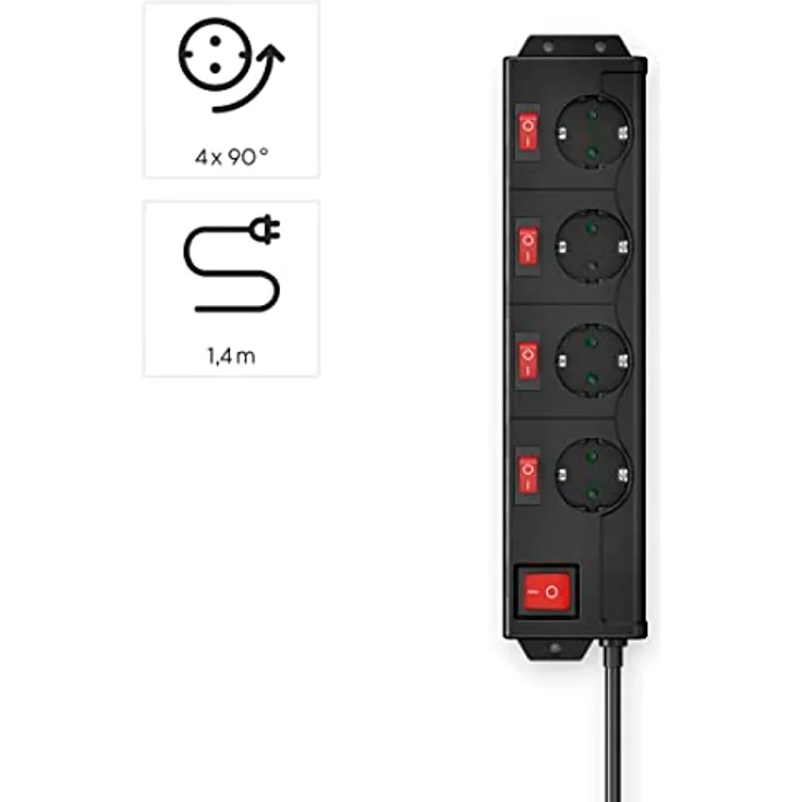 Hama 4-fach Steckdosenleiste einzeln schaltbar (Wandmontage, extra großer Buchsen-Abstand, Stecker 90° gedreht, 1,4m Kabel, Kindersicherung) Mehrfachsteckdose Steckerleiste schwarz – Bild 2