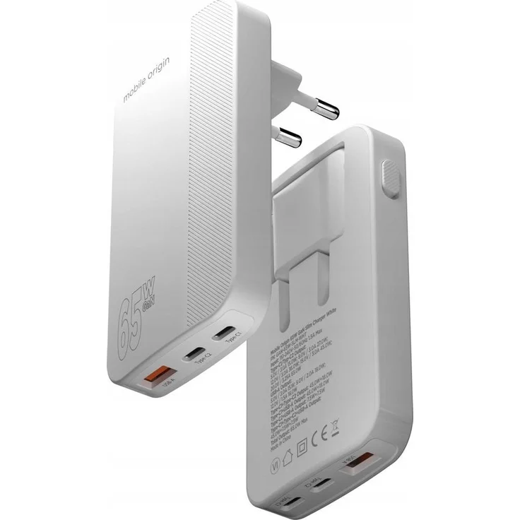 Mobile Origin GaN III Slim Charger, 65W USB-C Ladegerät mit zwei Anschlüssen, Weiß