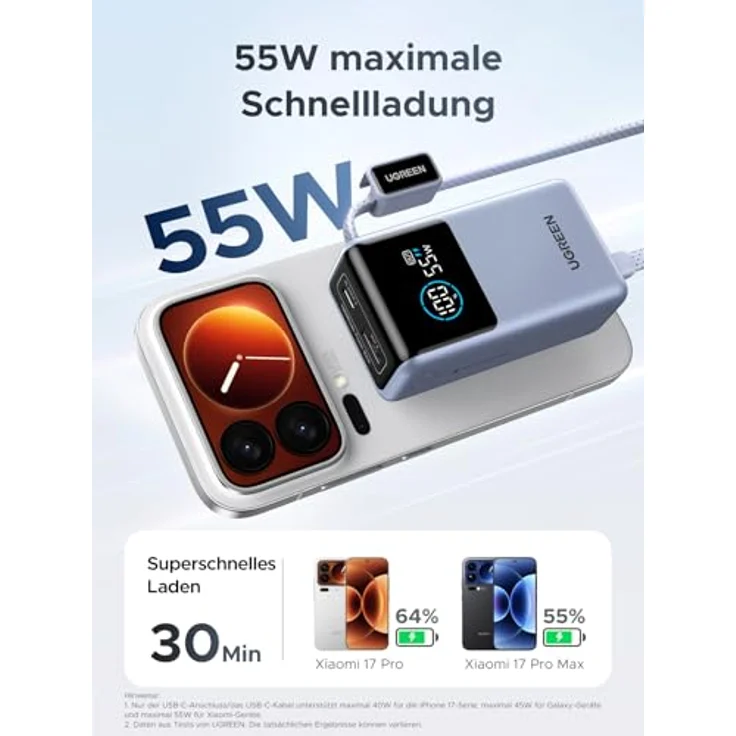 UGREEN 55W Power Bank 10000mAh mit integriertem Kabel, Mi Turbo Charge für Xiaomi, 45W PD Schnellladung, kompatibel mit iPhone 17/16/15, Galaxy S25 Ultra, kompakte AirPyra Tech – Bild 4