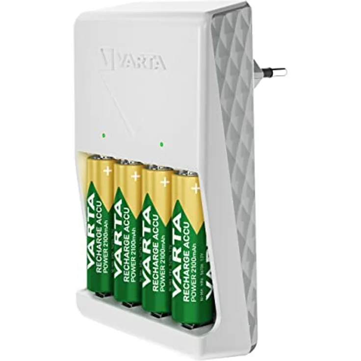 VARTA Akku Ladegerät, inkl. 4X AA 2100mAh, Batterieladegerät für wiederaufladbare Batterien, lädt 2 oder 4 AA/AAA gleichzeitig, Plug Charger, weiß