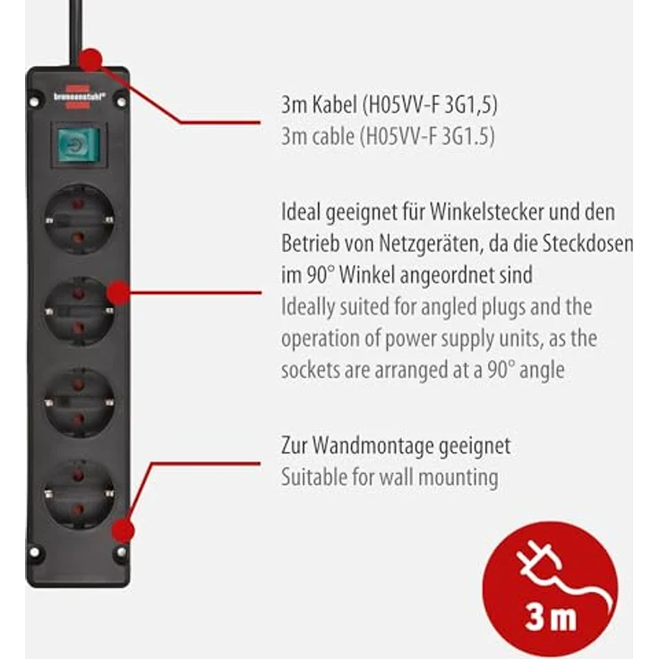 Brennenstuhl Bremounta Steckdosenleiste 6-fach (Mehrfachsteckdose mit 90 Grad Steckdosen, Steckerleiste mit Befestigungsmöglichkeit und 3m Kabel) schwarz – Bild 3