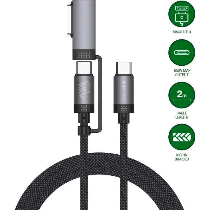 4smarts MagSafe 3 Adapter und USB-C Kabel, 100 W Ladeleistung, Schwarz, 2 m Länge, robustes Nylon