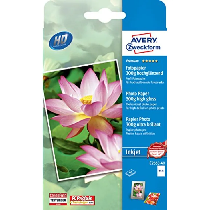 AVERY Zweckform C2553-40 Premium Inkjet Fotopapier, 40 Blatt, 300 g/m², 10x15mm, hochglänzend, HD Fotodruck, sofort trocken