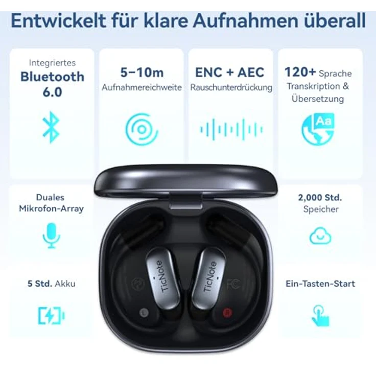 Mobvoi TicNote Pods, True Wireless Stereo (TWS) Kopfhörer mit 32 GB Speicher, AI Recording und ENC-Rauschunterdrückung, Blau – Bild 4