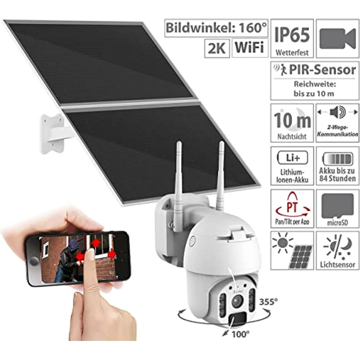 7links Video Überwachungskamera: Pan-Tilt-Überwachungskamera, 2K-Auflösung, WLAN, Akku, 25 W Solarpanel (Heimschutz-Überwachungskamera, Solar-Überwachungskamera 360°, Funk Bewegungsmelder) – Bild 3