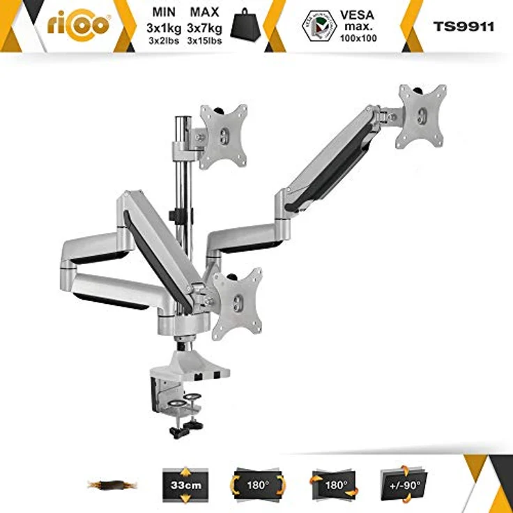 RICOO Triple Monitor Halterung Tisch Gasdruckfeder für 15-29 Zoll, Ergonomisch, VESA Tischhalterung, Monitorarm TS9911, Monitorhalterung 3 Monitore Arm Bildschirmhalterung Bildschirm Halter - Schwarz – Bild 2