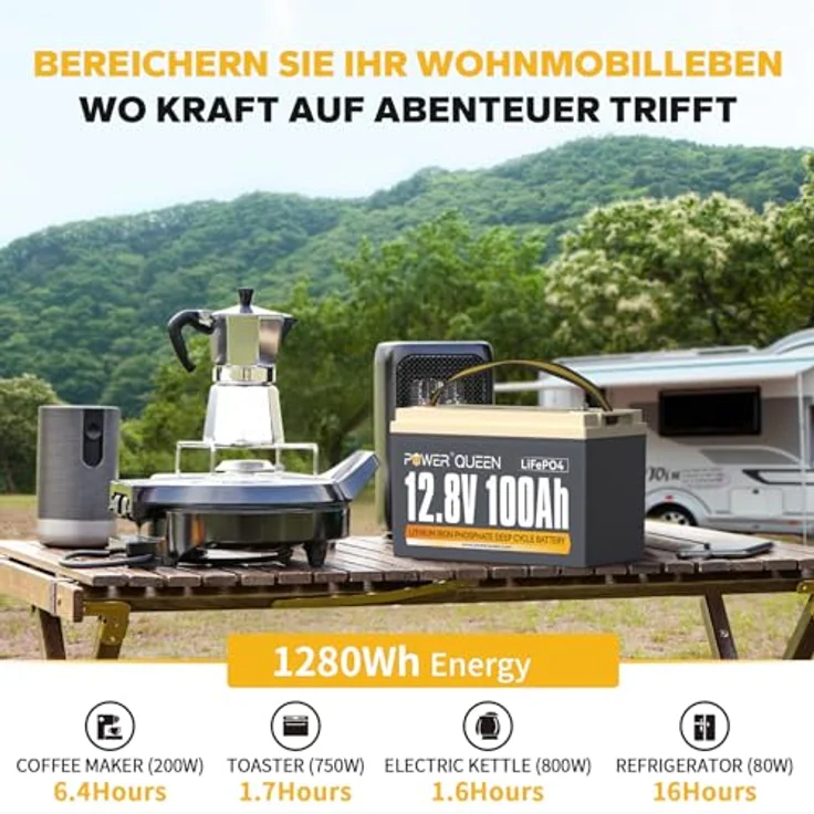 Power Queen 12,8 V 100 Ah LiFePO4 Lithium-Batterie, 1280Wh Akku mit 100 A BMS, 4000+ Ladezyklen, Unterstützung in Serie/Parallelschaltung, perfekt als Stromquelle für Wohnmobile, Boot – Bild 5