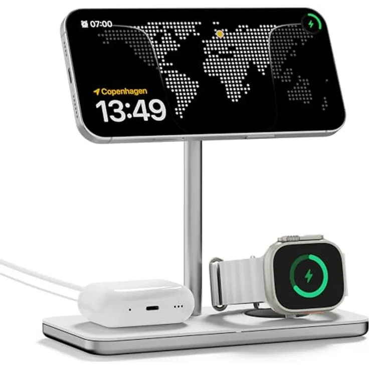 LINQ Connects ProCharge 3in1, Wireless Charger für iPhone, Apple Watch und AirPods, 15 W Schnellladung, Weiss, Silber