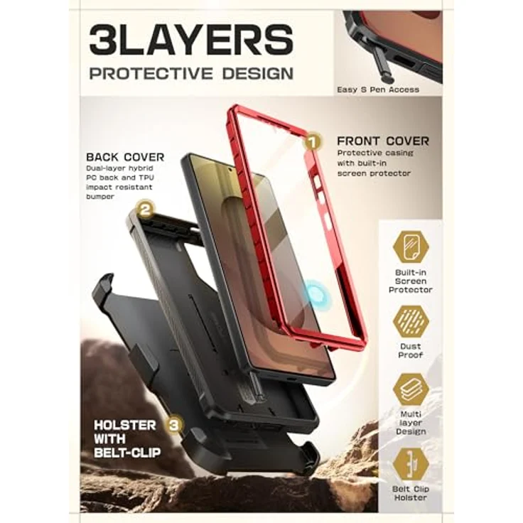 SupCase Samsung Galaxy S25 Ultra Hülle Bumper Case UBPro, 2 Frontseite, Outdoor Handyhülle mit Gürtelclip und Ständer, Rot – Bild 5