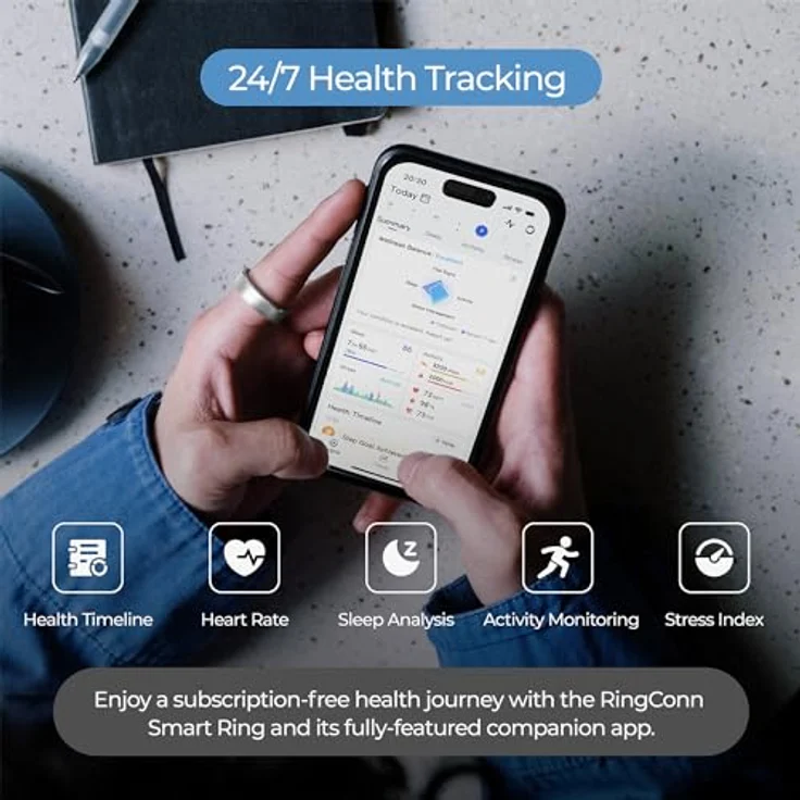 RingConn Smart Ring ohne App-Abonnement, Größe zuerst mit Größen-Set, 7 Tage Akkulaufzeit, Aktivitäts- und Schlaf-Tracker/Stress-/Herzfrequenz-Monitor, kompatibel mit iOS und Android (Silber, Größe 13) – Bild 4