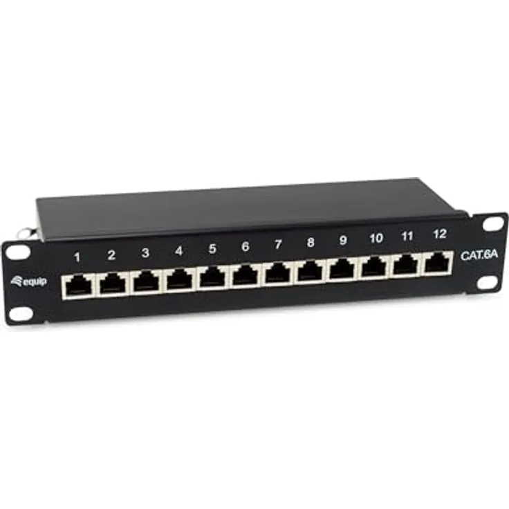 Equip 326623 12-Port Cat.6A geschirmtes Patchpanel, 10" (1HE), RJ45, bis zu 500 MHz, Schwarz
