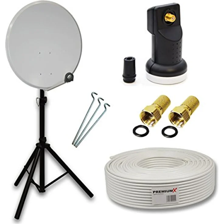 PremiumX PXS45 Camping Sat Anlage, 45 cm Satelliten-Schüssel mit Single LNB, 4K UHD, 10m Kabel, 2x F-Stecker, schwarzes Dreibein Stativ für Wohnwagen – Bild 1