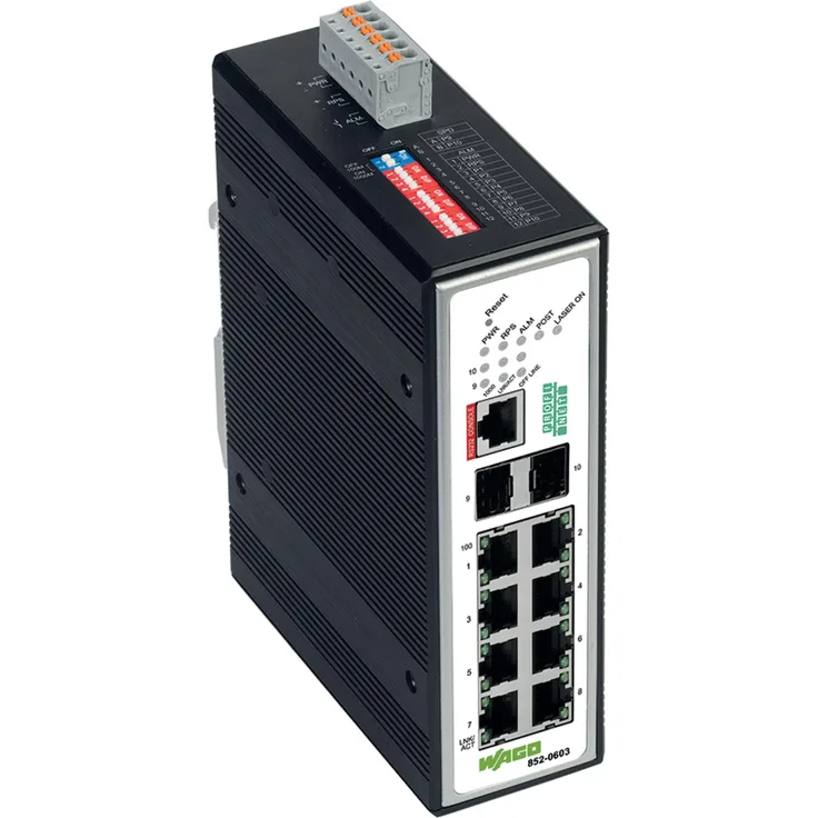 Wago 852-603 Industrial-Managed-Switch, 8 Ports 100Base-TX, PROFINET-Zertifikat, erweiterter Temperaturbereich, redundante DC-Spannungsversorgung