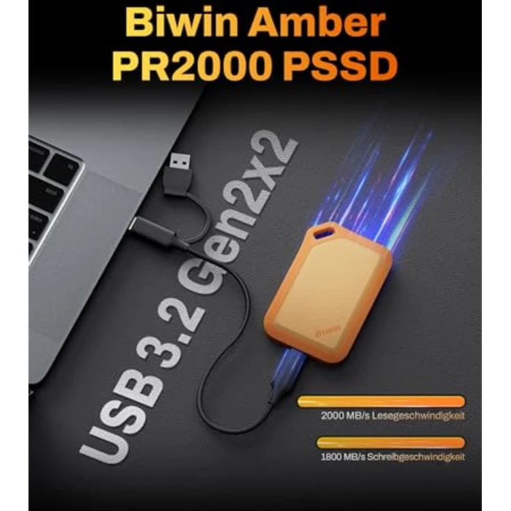 BIWIN Amber PR2000 Externe SSD 1TB, USB 3.2 Gen2x2, bis zu 2000 MB/s, IP67 wasserdicht, Portable NVMe, mit USB-C & USB-A Adapter, Orange – Bild 2