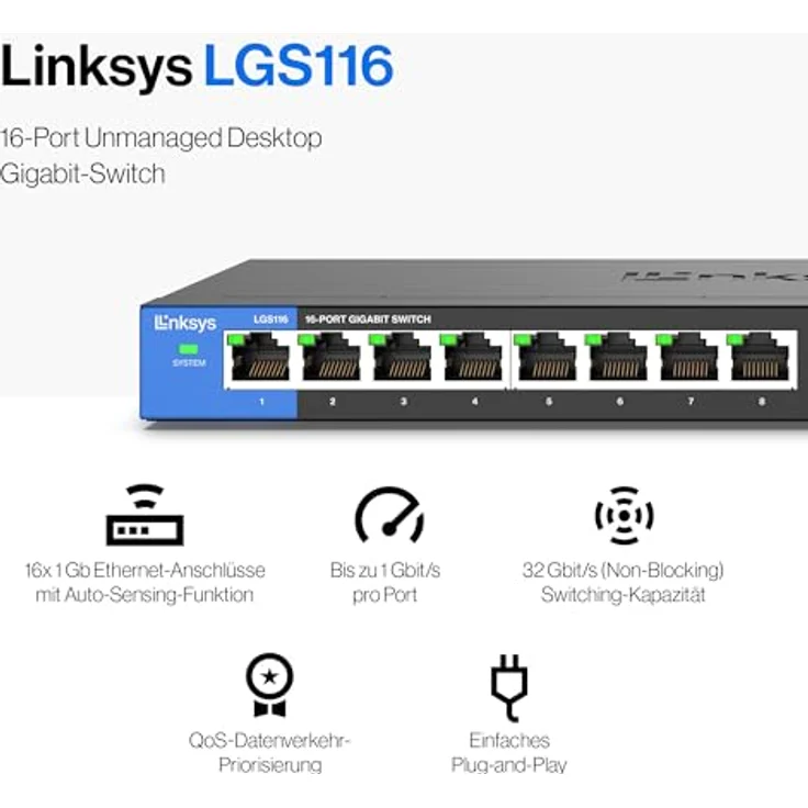 Linksys LGS116-EU 16-Port Unmanaged Gigabit Netzwerk Switch (Lüfterlos, Auto Sensing, Energiesparfunktion) schwarz – Bild 3